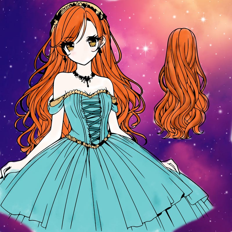 pretty anime woman with long hair and wearing a ball gown