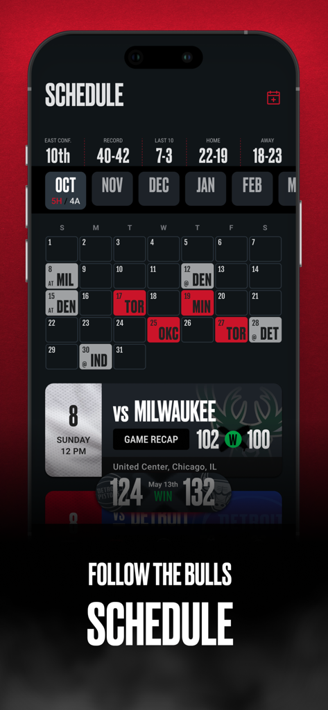 Chicago Bulls app game schedule and team records