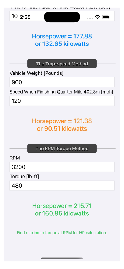 Screenshot of the Engine Horsepower Calculator app displaying calculations for the Trap speed and RPM Torque methods with inputs and results