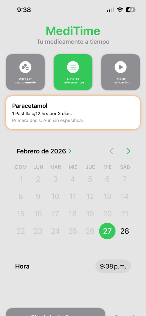 MediTime - MediTime App-Oberfläche zur Planung von Medikamentendosen mit einem Kalender und Zeitauswahl.