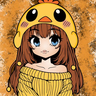 anime girl with chick shaped hat with sweater with bare shoulders with bangs covering them one eye with low tail