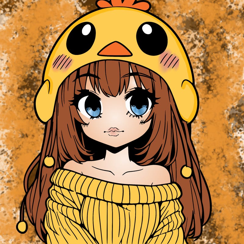 anime girl with chick shaped hat with sweater with bare shoulders with bangs covering them one eye with low tail