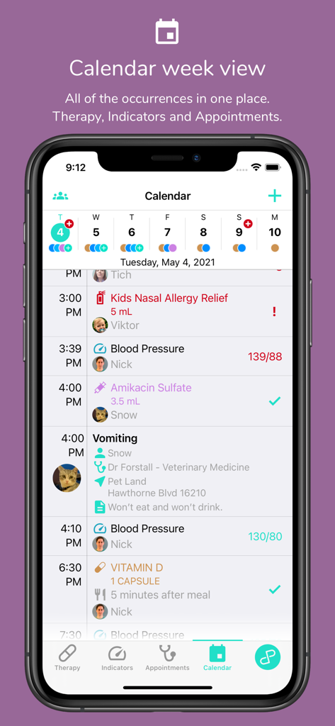 HealthLy: Therapy & Health - Weekly calendar view in the HealthLy app showing scheduled medications health indicators and medical appointments for multiple family members