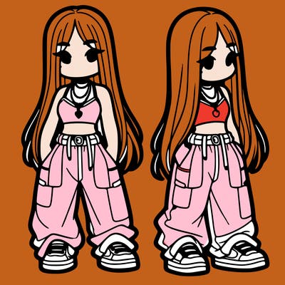 girl in baggy pants crop top and long hair