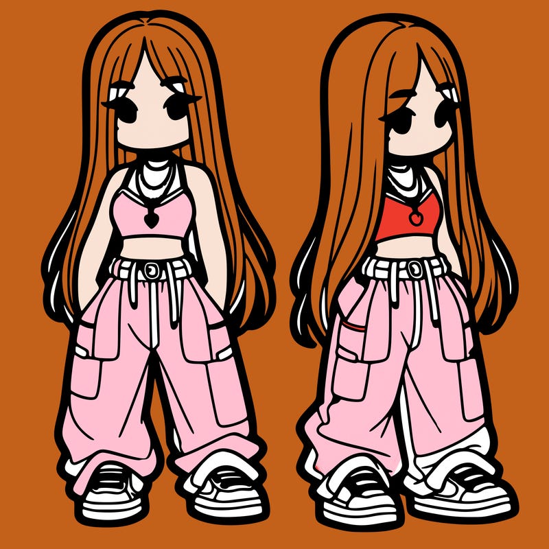 girl in baggy pants crop top and long hair