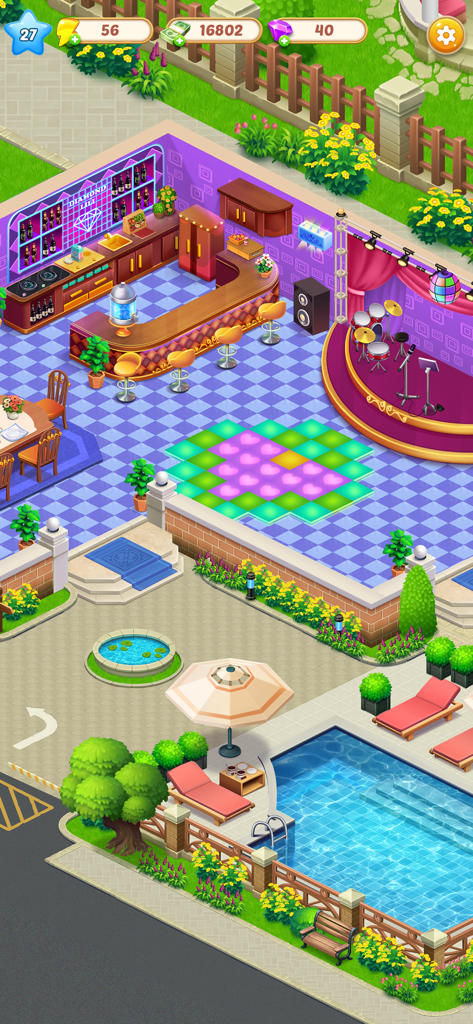 Renovated restaurant interior with a bar stage and outdoor pool area