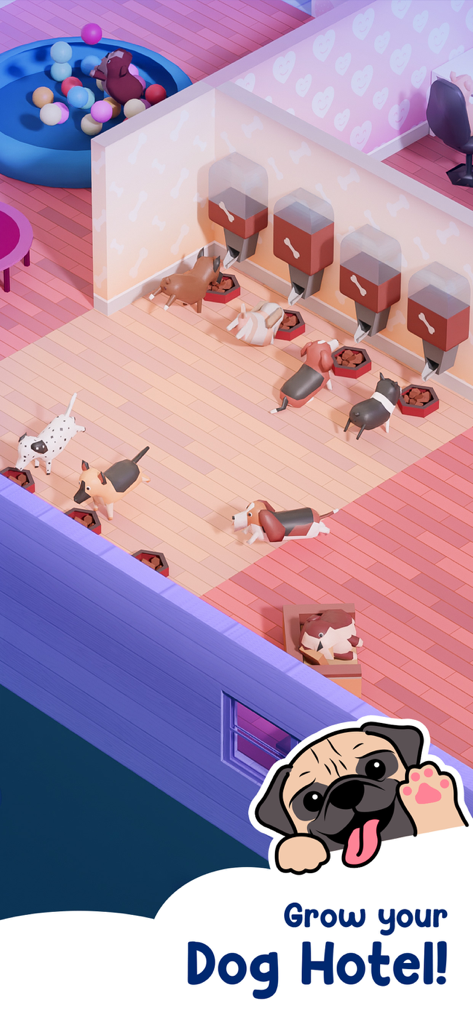 Dog Hotel Tycoon: Pet Game - Un grupo de diferentes razas de perros comiendo de dispensadores de comida en un colorido juego isométrico de gestión de hoteles para mascotas