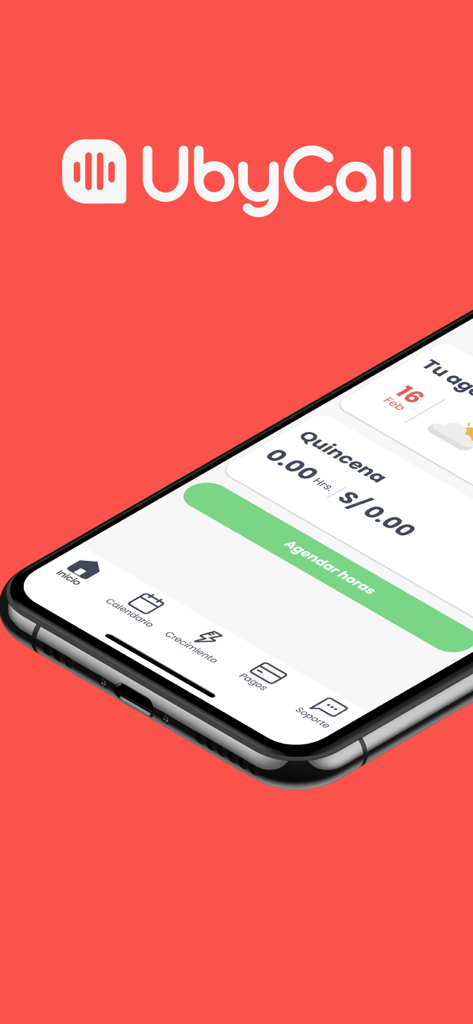 UbyCall - Smartphone screen showing the UbyCall app interface for remote customer service work with options to schedule hours and view payments
