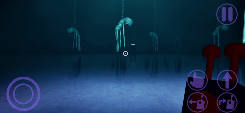 First person view of teal monsters hanging from chains in a dark level of Garten of Banban 7