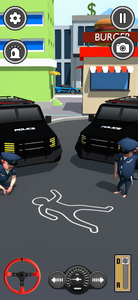 Dream Vehicle Car Driving Game - Dos SUVs de policía y agentes en la escena de un crimen con un contorno de tiza en un juego de conducción urbana.