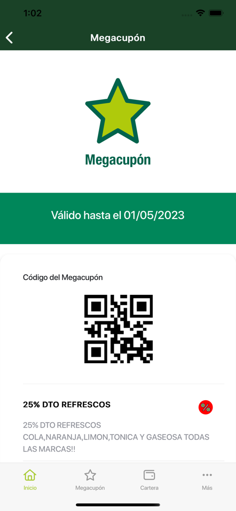Pantalla de la app Masymas mostrando un Megacupón con un código QR para un descuento del 25 por ciento en bebidas.