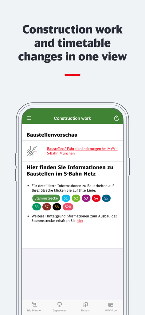 München Navigator - München Navigator App Bildschirm mit Bauarbeiten und Fahrplanänderungen für die Münchner S-Bahn-Linien