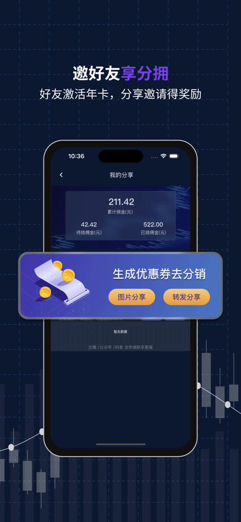 A mobile app screen displaying a referral program with commission totals and coupon sharing options for a stock analysis tool.