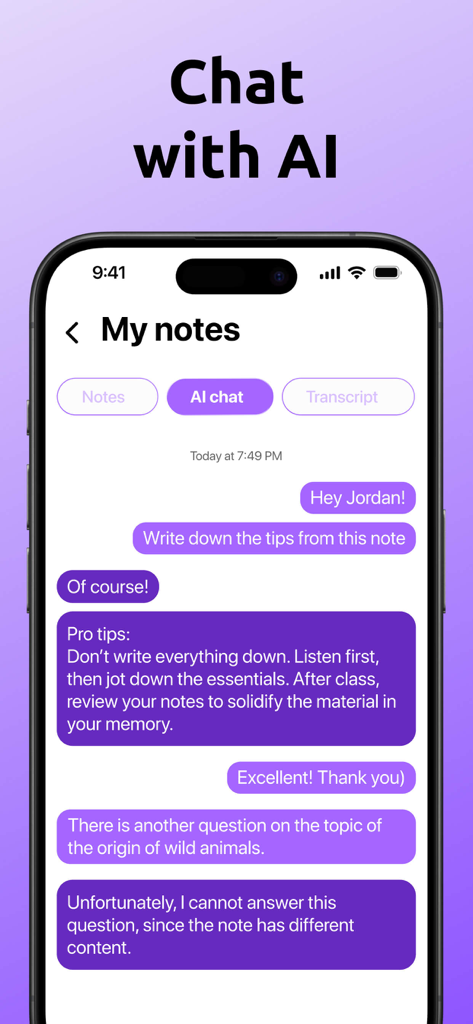 Un smartphone mostrando la función de chat de IA de la aplicación AI Note Taker donde un usuario pide consejos de sus notas.
