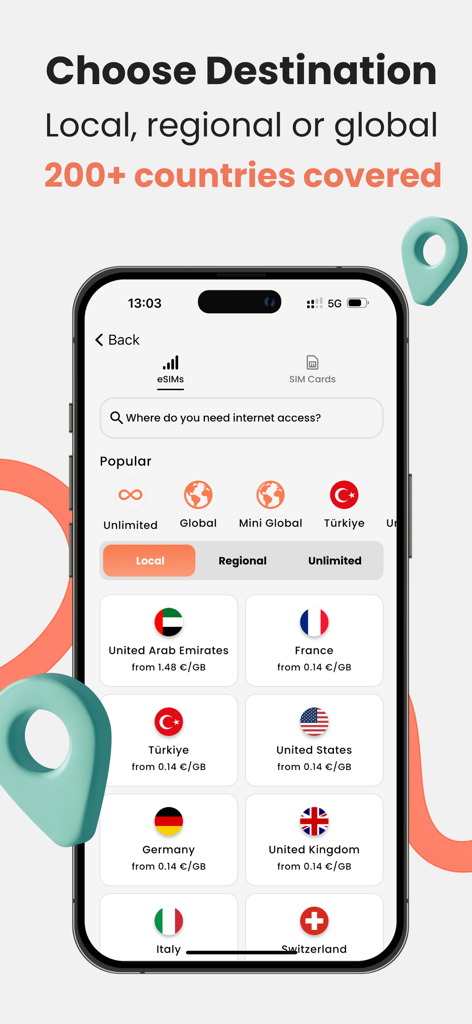 BNESIM: 5G eSIM Data profiles - Interface de l'application BNESIM montrant des forfaits de données eSIM locaux et régionaux pour plus de 200 pays.