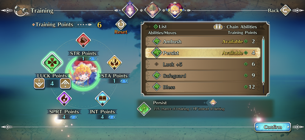 Trials of Mana character training menu with stats and abilities