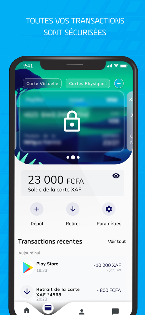 PaySika app dashboard showing secure transactions and virtual card management.