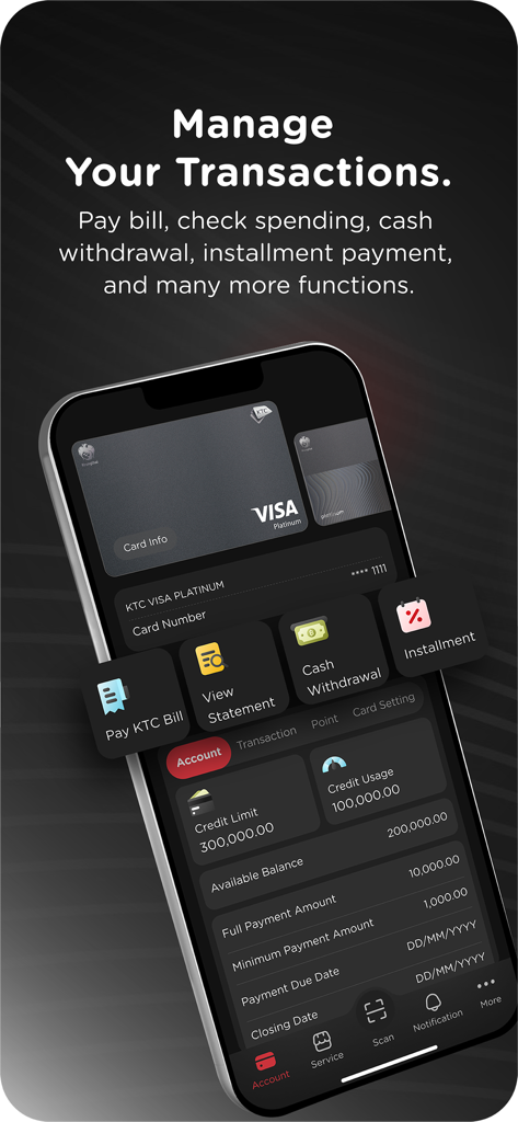 Schermata dell'app KTC Mobile per la gestione delle transazioni con carta di credito che mostra il limite di credito e le opzioni di pagamento