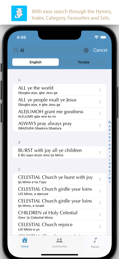 Search interface of the CCCHymns mobile app featuring a bilingual list of hymns in English and Yoruba.