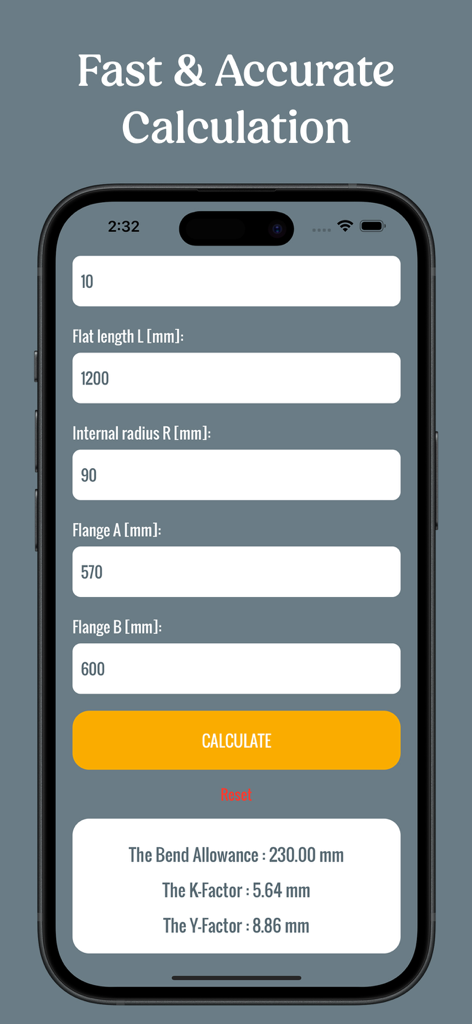 K - factor for bend allowance - 板金曲げしろとKファクターの結果を示すKファクター計算機のモバイルアプリインターフェース