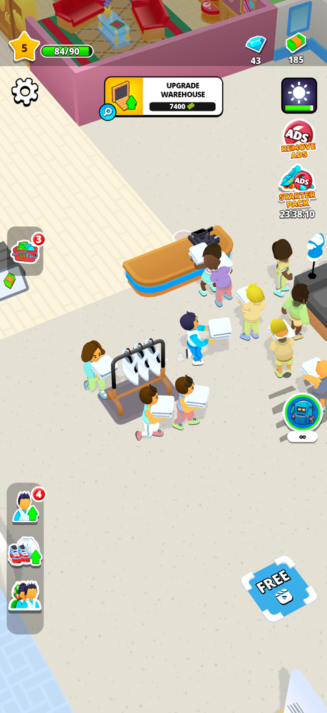 A top-down view of the fashion boutique gameplay showing characters managing stock and serving customers