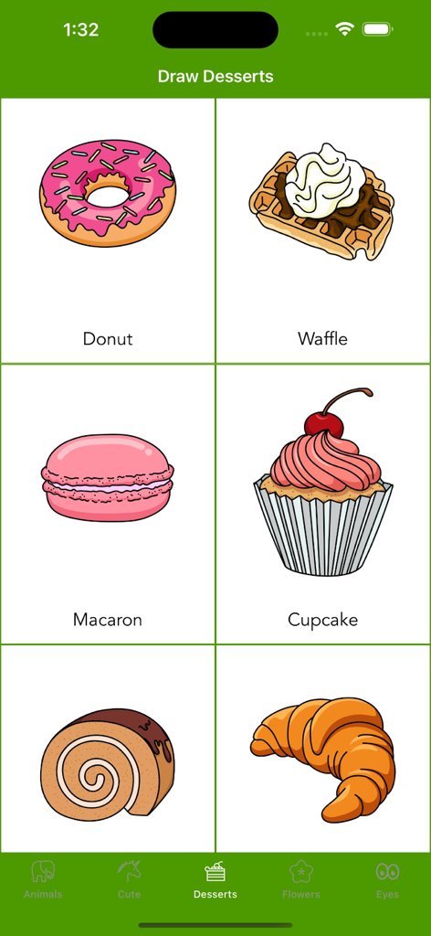 Drawing menu for dessert items including donut waffle macaron and cupcake in the How To Draw app