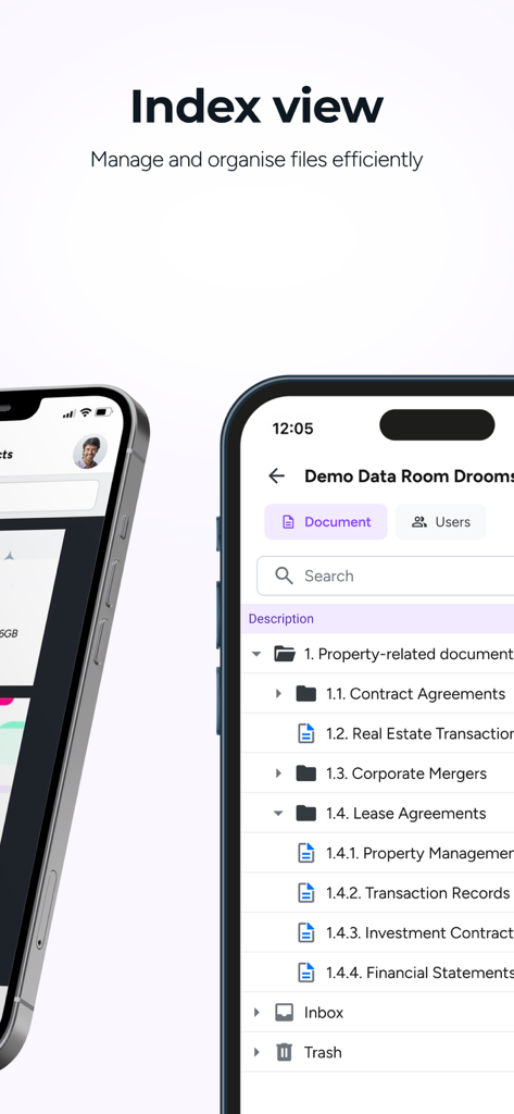 Drooms - Vue d'index de l'application Drooms présentant une structure de fichiers sécurisée et organisée pour les documents d'entreprise et immobiliers.