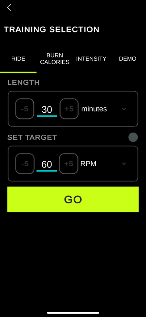 kinomap vr - Kinomap VR App Trainingsauswahlmenü zeigt Längen- und Ziel-RPM-Einstellungen