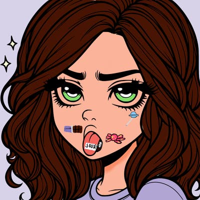 realistic annoyed girl with tongue out with waves hair