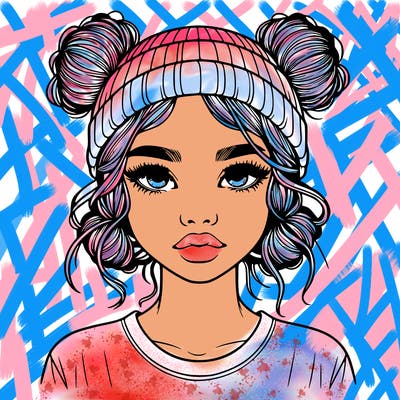 realistic girl with buns in her hair with a beanie on