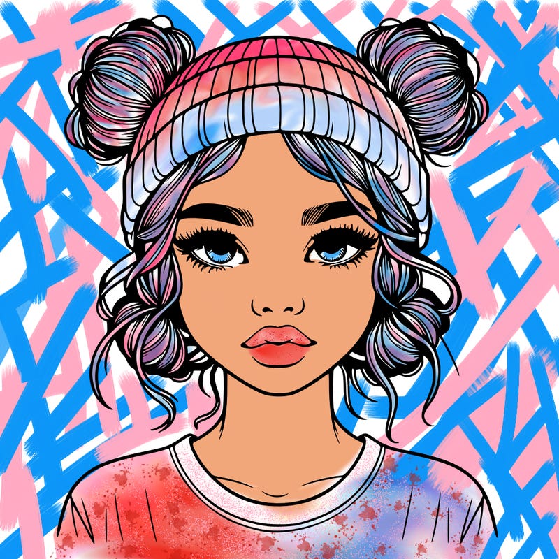 realistic girl with buns in her hair with a beanie on