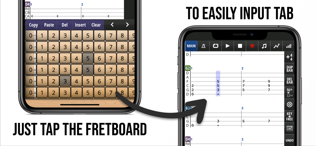 A demonstration of the Jam Maestro app showing guitar tab creation by tapping on a virtual fretboard