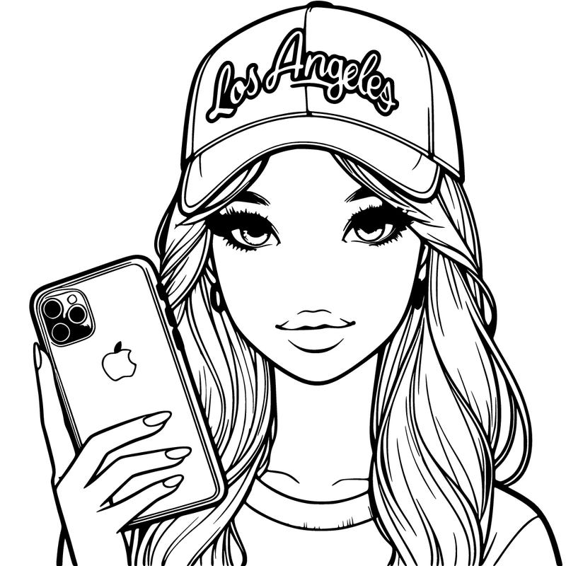 realistic beautiful girl wearing a las angeles cap holding an iphone