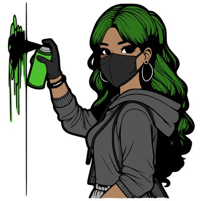 realistic girl with mask spray painting a wall