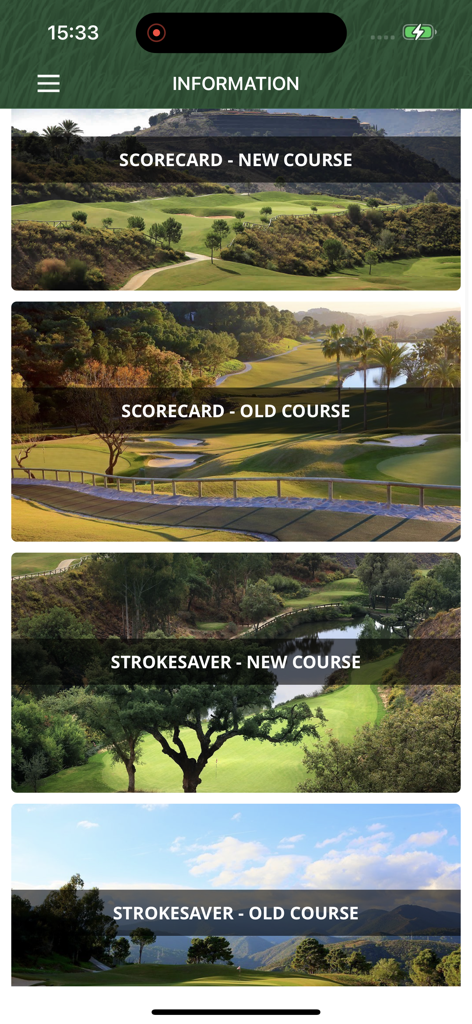 Club de Campo La Zagaleta - Menú de información en la aplicación La Zagaleta que muestra enlaces para tarjetas de puntuación de golf y ayudas de golpes para los campos nuevo y antiguo