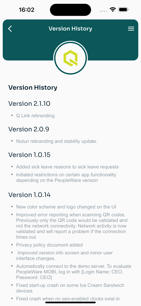 PeopleWare MOBI - Version history screen of the PeopleWare MOBI app showing release notes and update details
