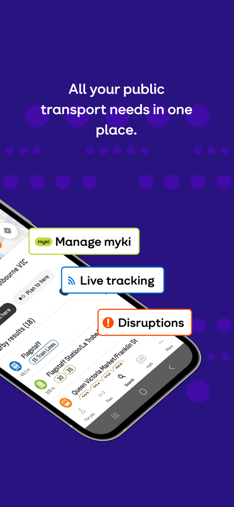 Interfaz de la aplicación Public Transport Victoria que muestra la gestión de myki, el seguimiento en vivo y las alertas de interrupción en un smartphone
