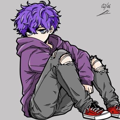 a male hoddie ripped jeans messy hair anime