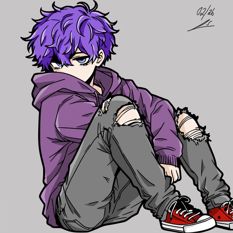 a male hoddie ripped jeans messy hair anime