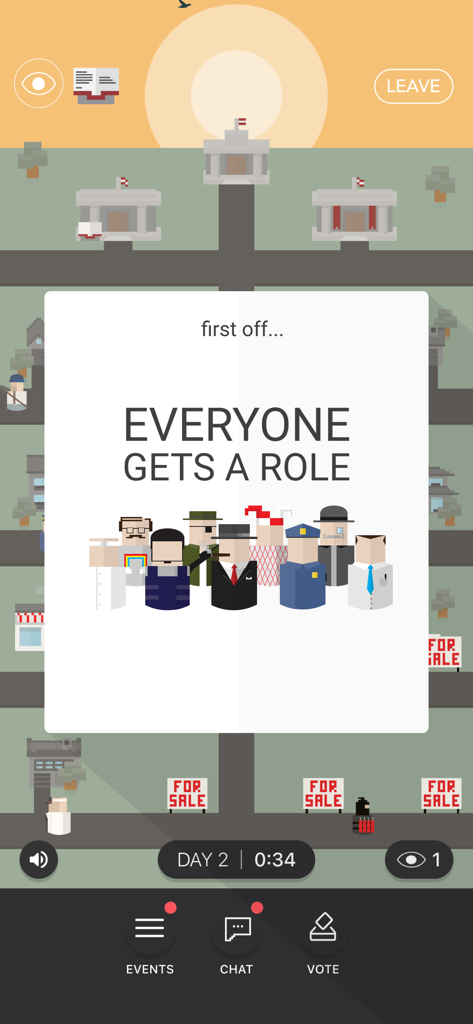 Mafia Mystery - A screen from the Mafia Mystery app stating Everyone Gets a Role with various pixel art character avatars over a town map background