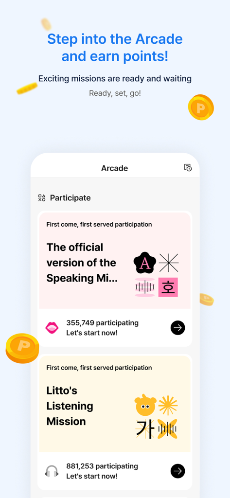 Interfaz de la Arcade de la aplicación Flitto mostrando misiones de idiomas para hablar y escuchar y ganar puntos.