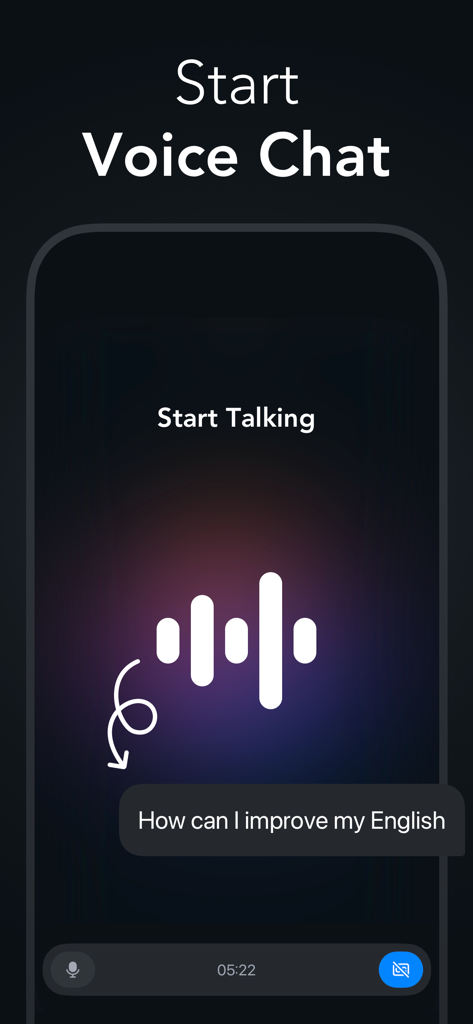 Interfaz de la función de chat de voz de Chatbot AI mostrando la forma de onda de audio y la consulta del usuario.