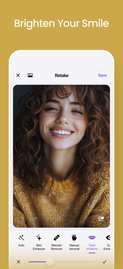 A mobile interface of an AI face editor app showing a woman smiling with a highlighted teeth whitening tool and a brightness slider.
