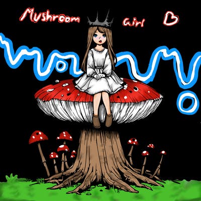 realistic girl sitting on a huge tree stump size toadstool with thorn crown