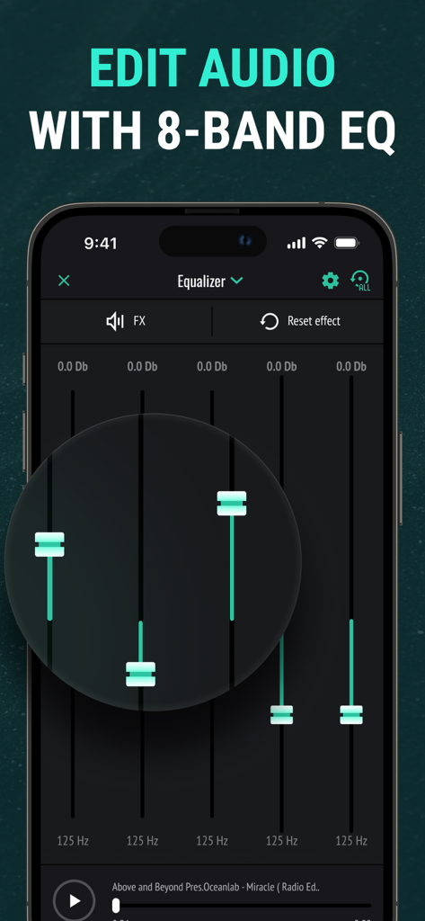 Sound Editor: Audio Changer - Professional 8-band audio equalizer interface in the Sound Editor app showing frequency adjustments