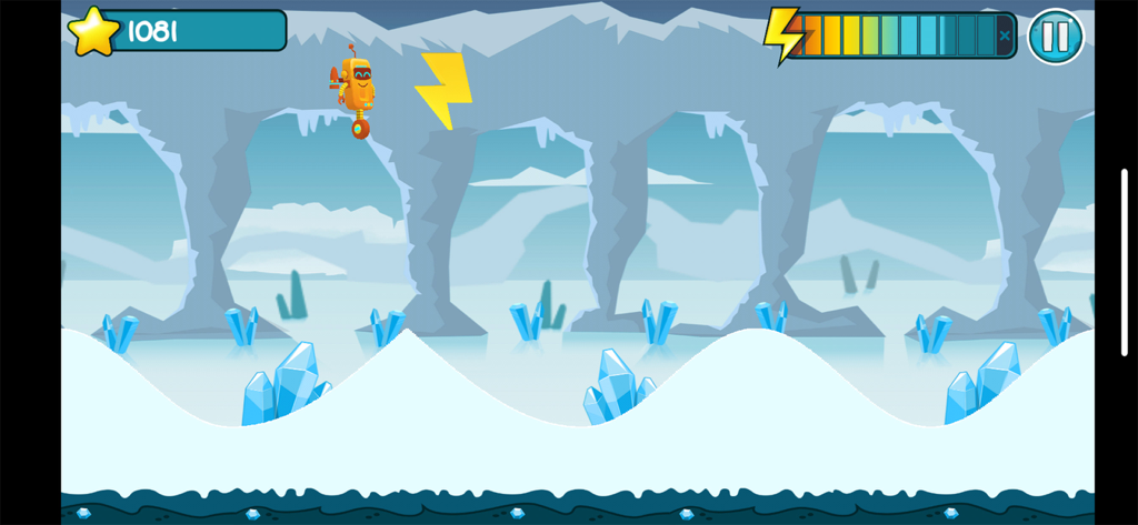A screenshot of the Bot Escape mini-game in the PEZ Play app featuring an orange robot character flying through an icy cave to collect lightning bolts.