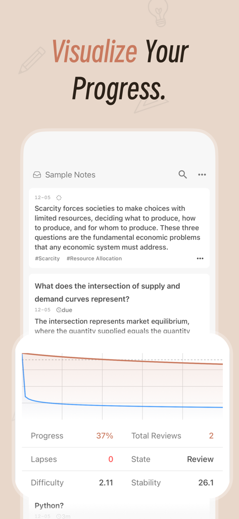 Pantalla móvil que muestra notas de estudio y un gráfico científico del progreso de aprendizaje y la estabilidad de la memoria