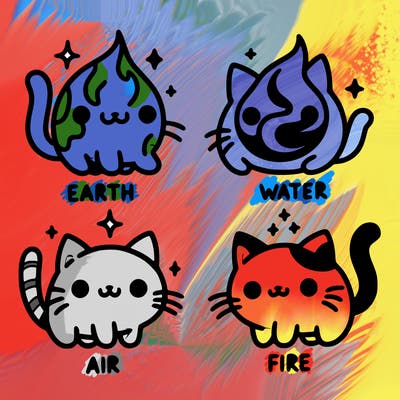 4 cats that represent the different elements, earth, water, air, and fire
