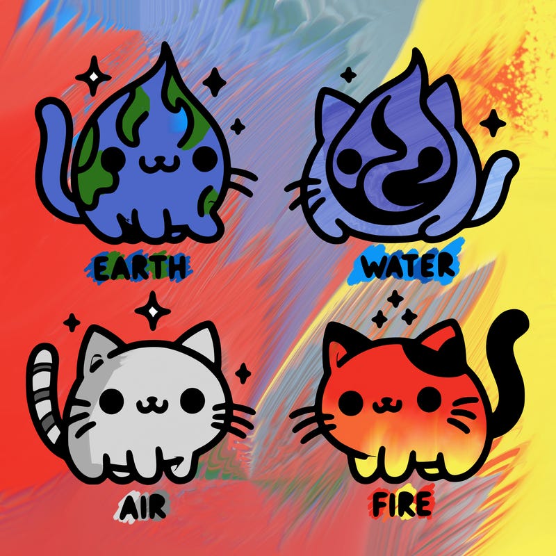 4 cats that represent the different elements, earth, water, air, and fire