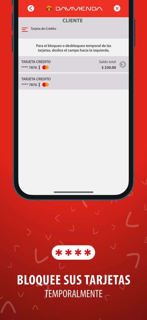 Davivienda Panamá - Davivienda Panama mobile app screen for temporary credit card blocking